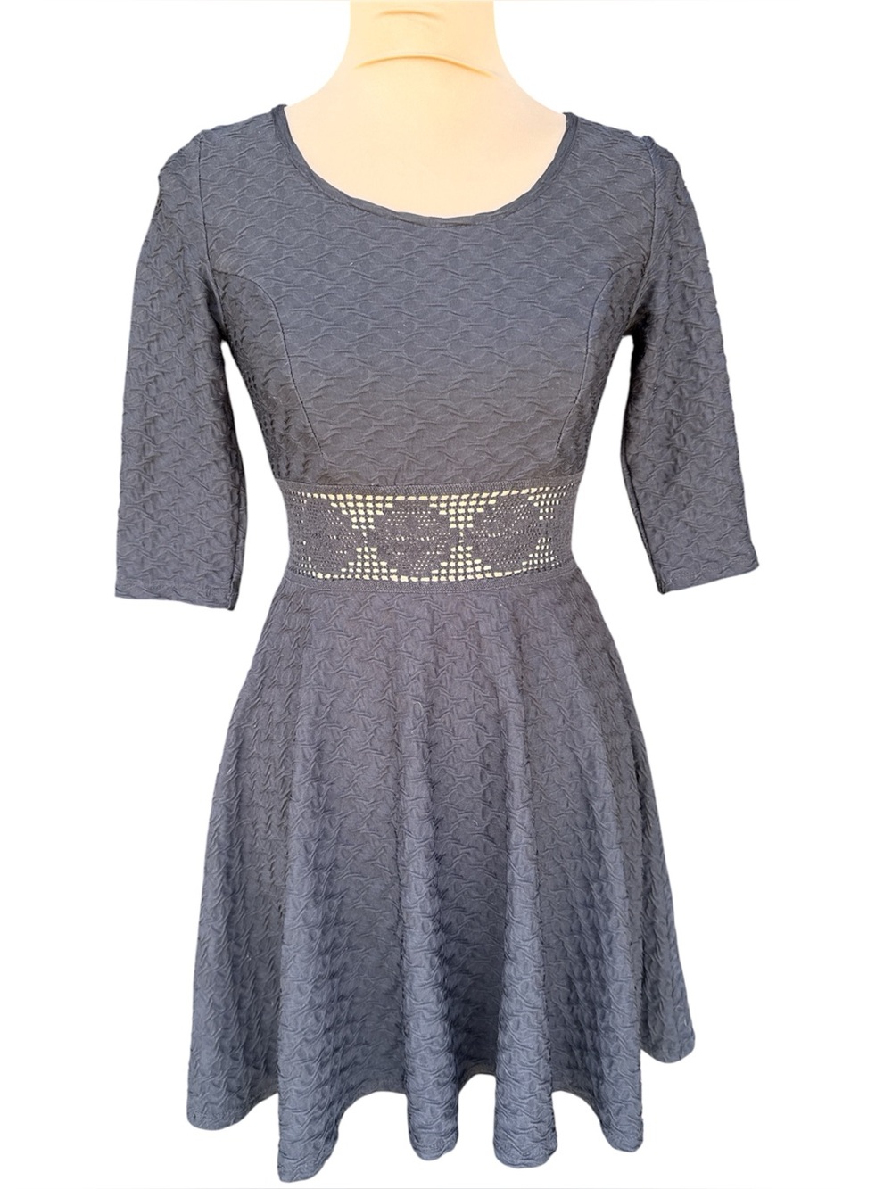 American Rag Black Textured Fit & Flare Dress with Detail Waistband Small